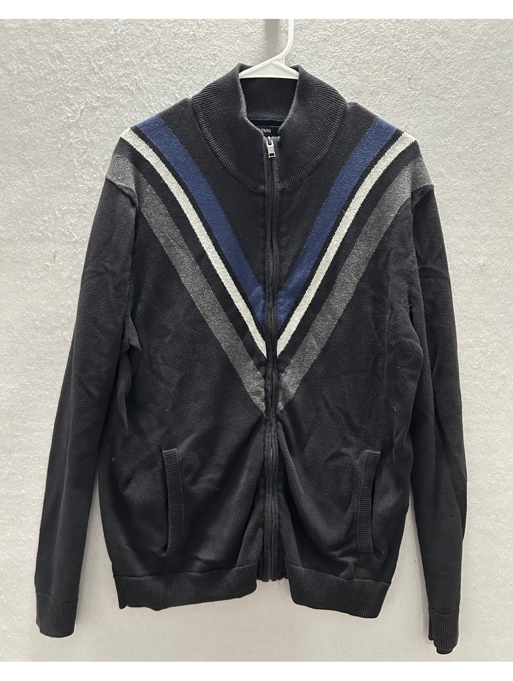 Alfani Full Zip Sweater Black with Chevron blue, white, gray stripes Men Size L